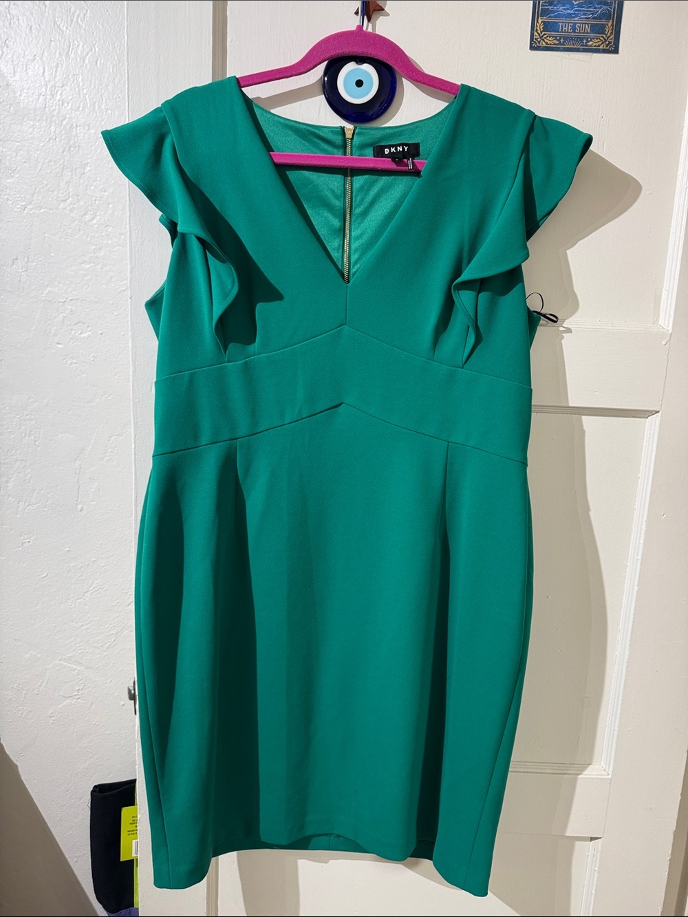 DKNY Teal Green Ruffle Sleeve Midi Dress
